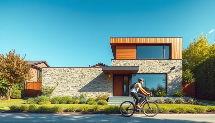 Dione House architecture with stone facade and cyclist passing by.