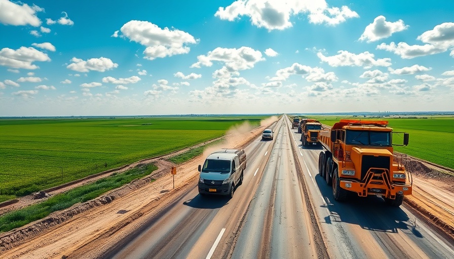 Data-driven decisions in road construction, showcasing an expansive site with heavy machinery under a blue sky.