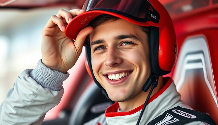 Young racer smiling and adjusting cap at Goodwood.