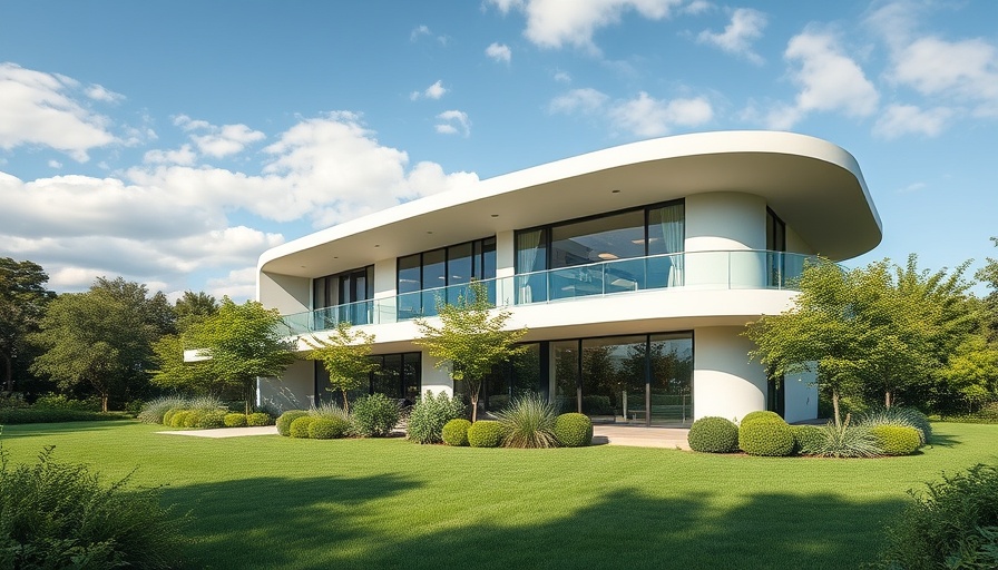Modern Riba House architecture with curved design and lush garden.
