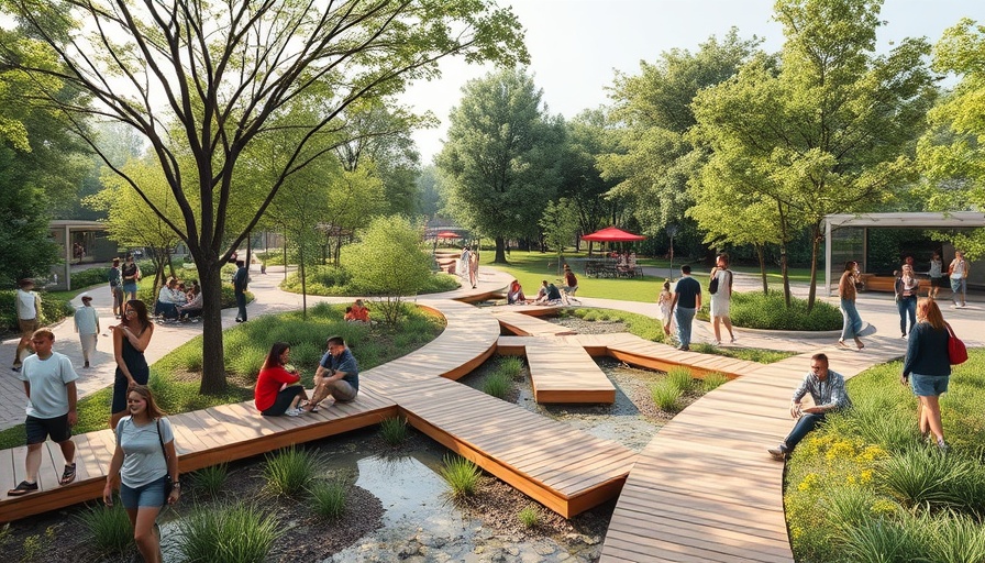 Modern community park with people and wooden structures, lush greenery.