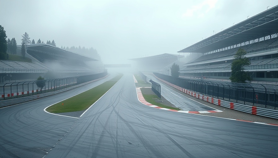 Empty F1 circuit shrouded in mist, futuristic design.