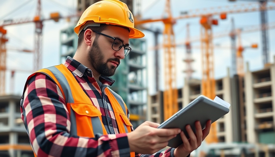 Construction worker uses a tablet on-site, highlighting construction procurement automation.