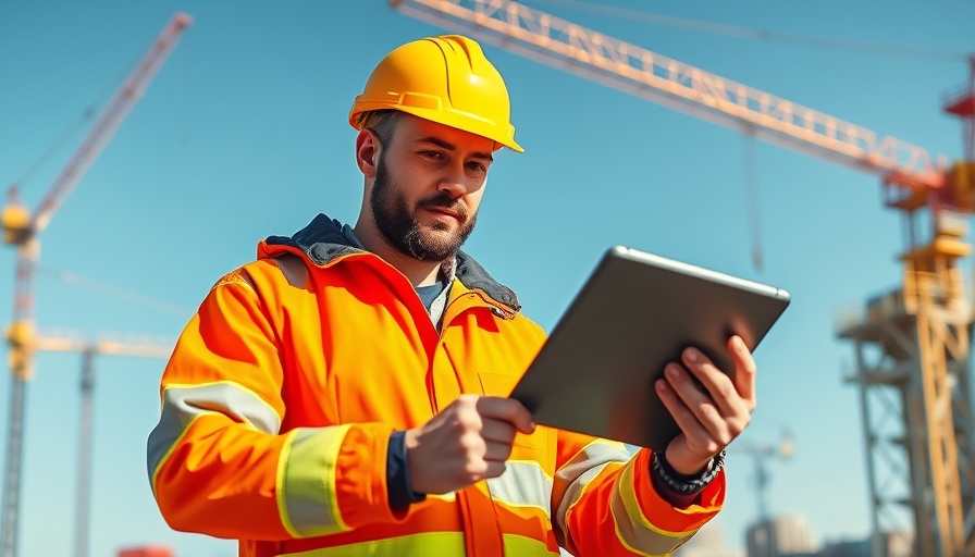 AI Workflow Consultants in Construction with tablet at site.