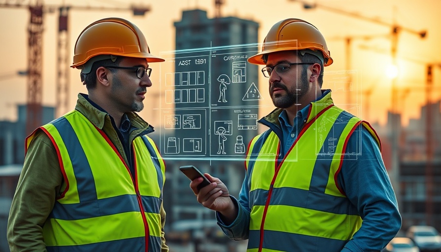 Construction workers using telematics technology on site at sunset.