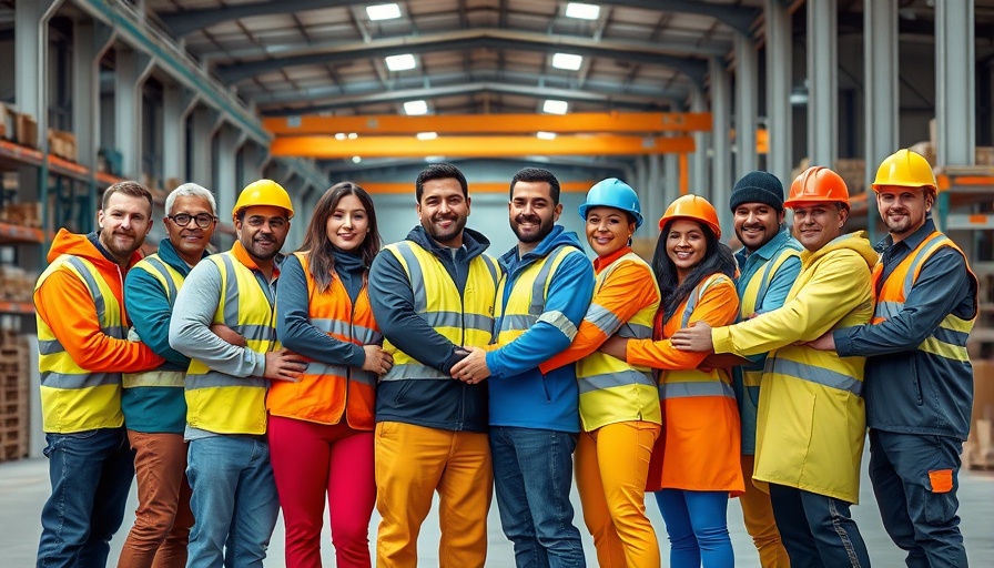 Workers in safety uniforms interlocking arms demonstrating unity.