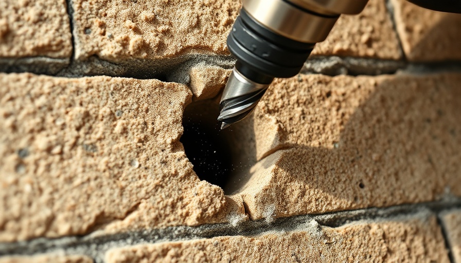 Close-up drill bit in masonry highlighting self-tapping process.