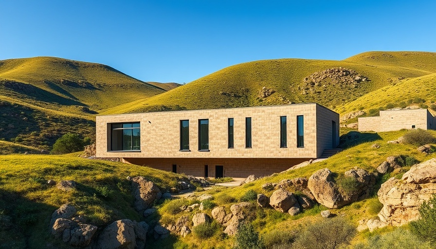 Converted cistern building amidst hilly landscape, multi-purpose space.