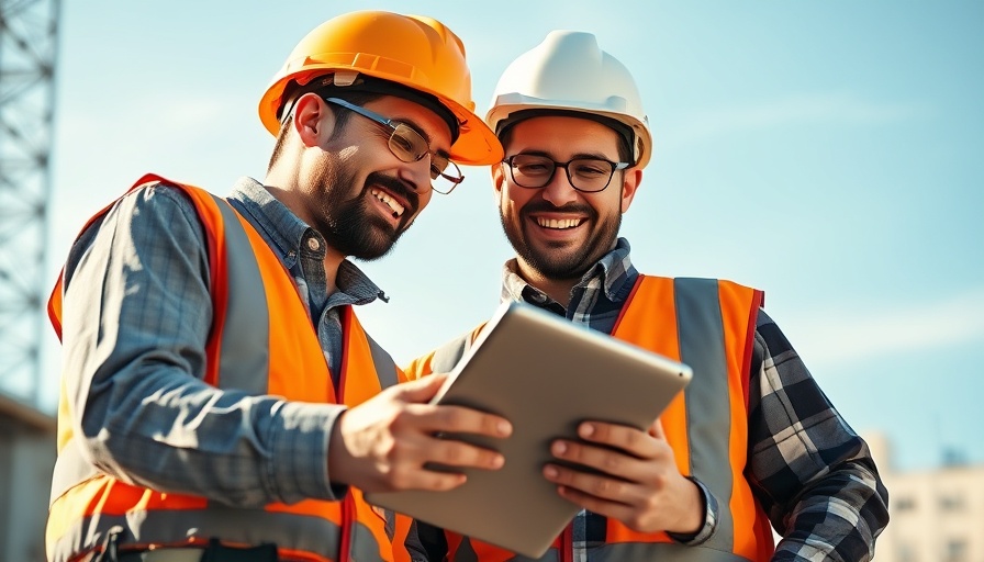 Contractors using a tablet for ERP systems at a construction site.