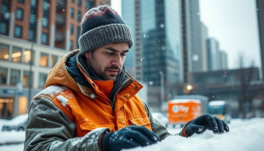 Construction worker in cold weather gear during winter workday.