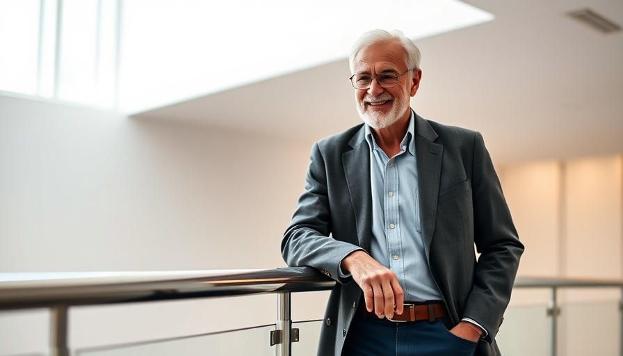 Distinguished man in front of a high-tech architecture setting.
