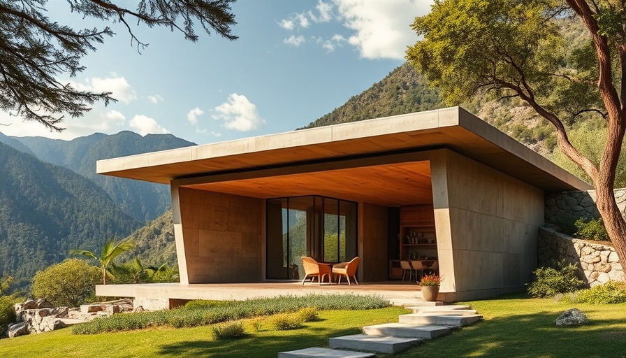 Raw Materials Pavilion with geometric architecture in a natural setting.