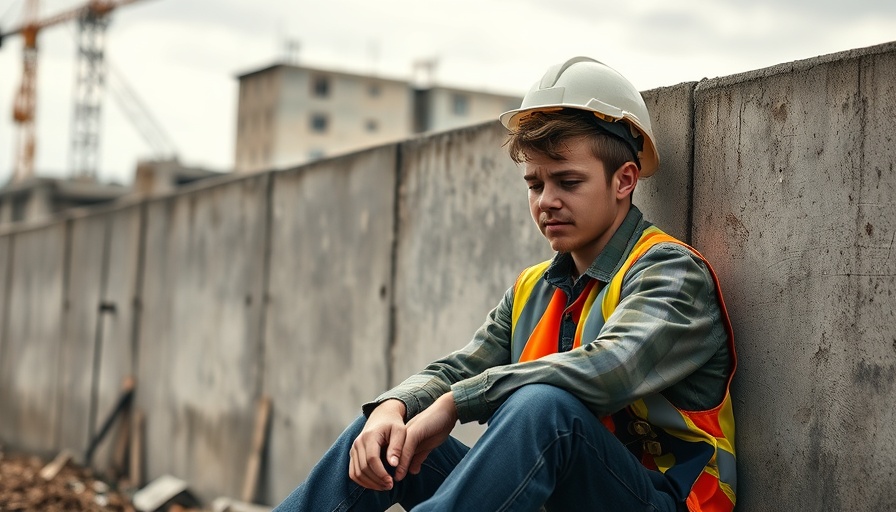 Exhausted construction worker sitting, illustrating skilled labor shortage.
