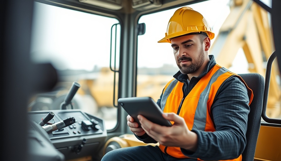Construction worker using tablet interface in machinery cabin for cost performance gains.