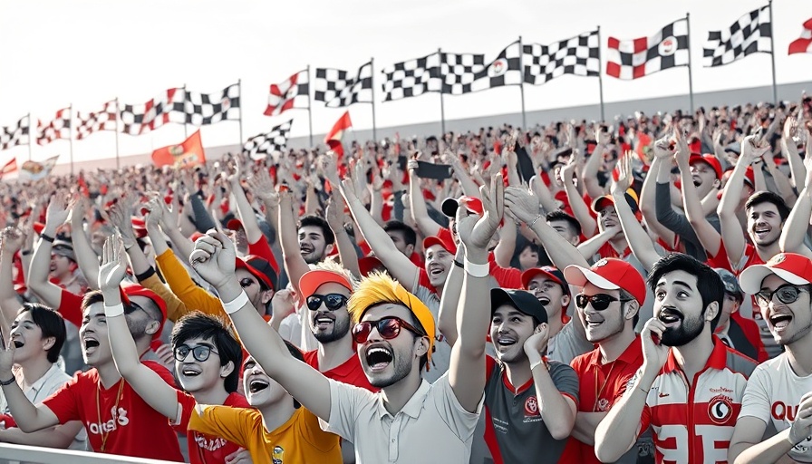 Formula One racing crowd cheering in animated style.