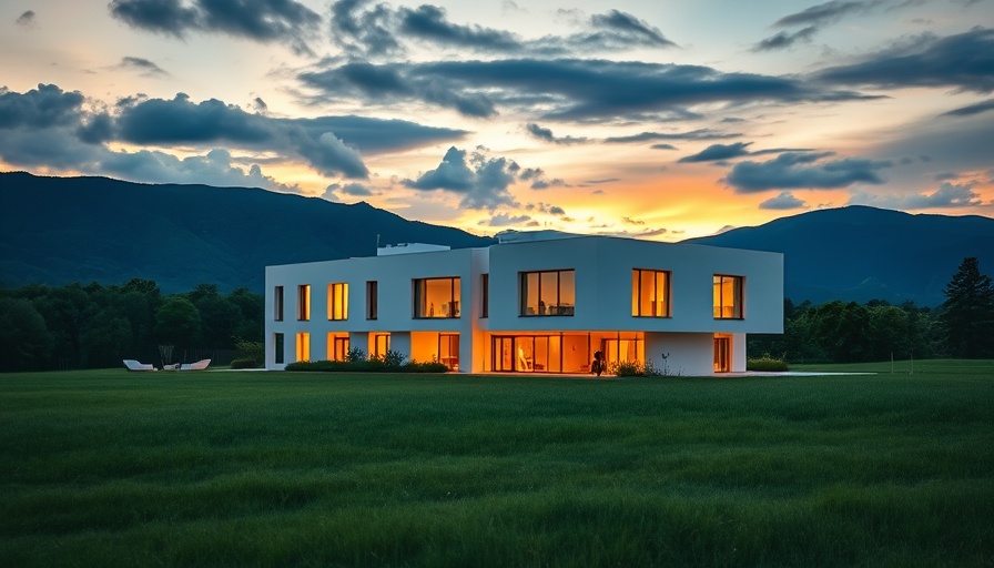 Twilight view of a modern workshop with three courtyards.