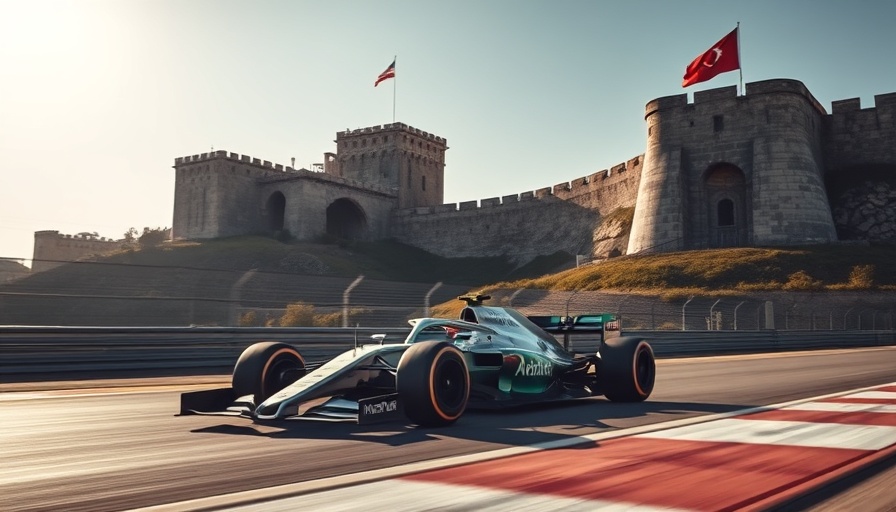 Azerbaijan Grand Prix F1 race car passes stone fortress.
