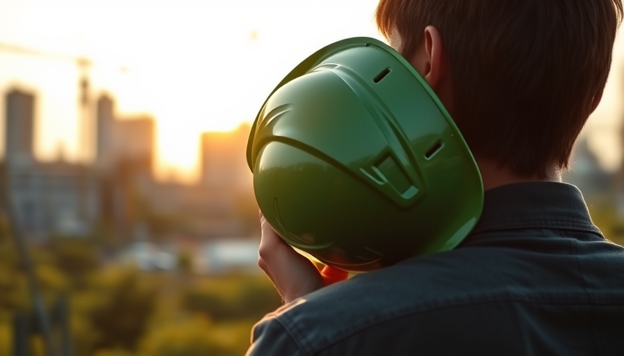 Person with green hard hat observing sustainable construction site at sunset.
