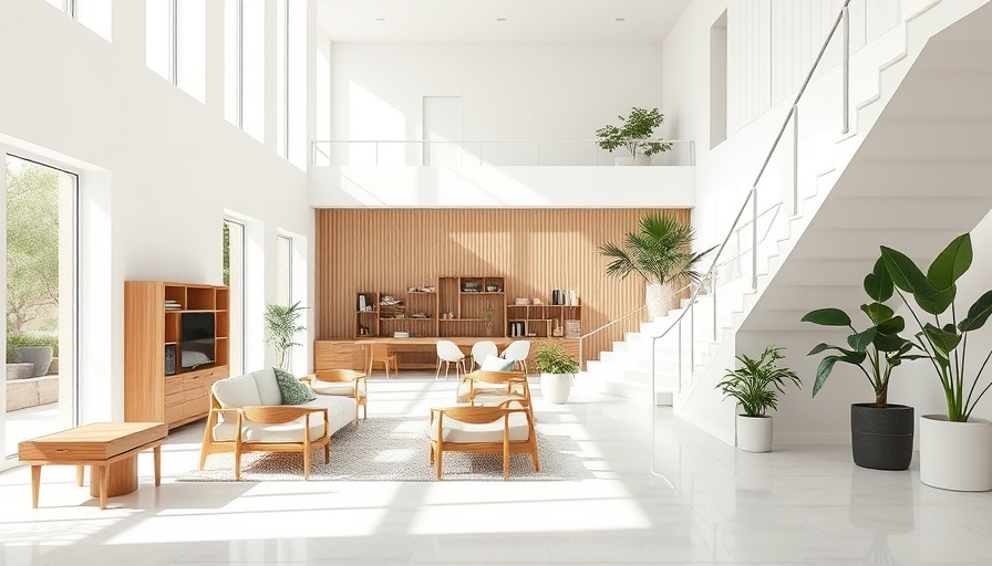 Overlap House architecture featuring minimalist interior with white stairs and wooden furniture.