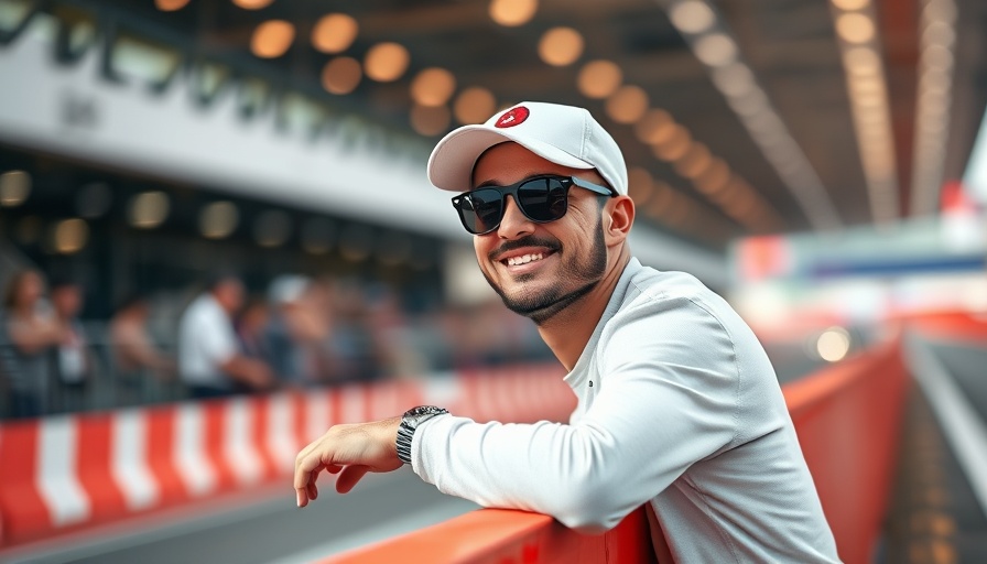 Man smiling by a red barrier at a Formula One event.