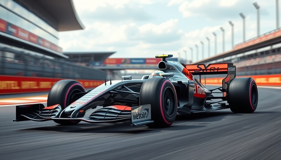 Formula One car speeding on track with motion blur.