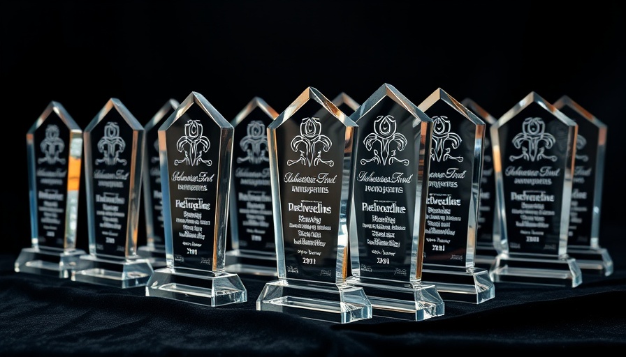 Elegant Best of KBIS 2026 Awards crystal trophies displayed in soft light.