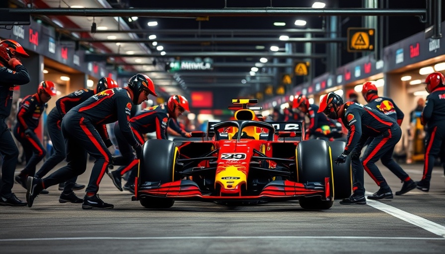 Red Bull F1 pit crew in action under bright lights.