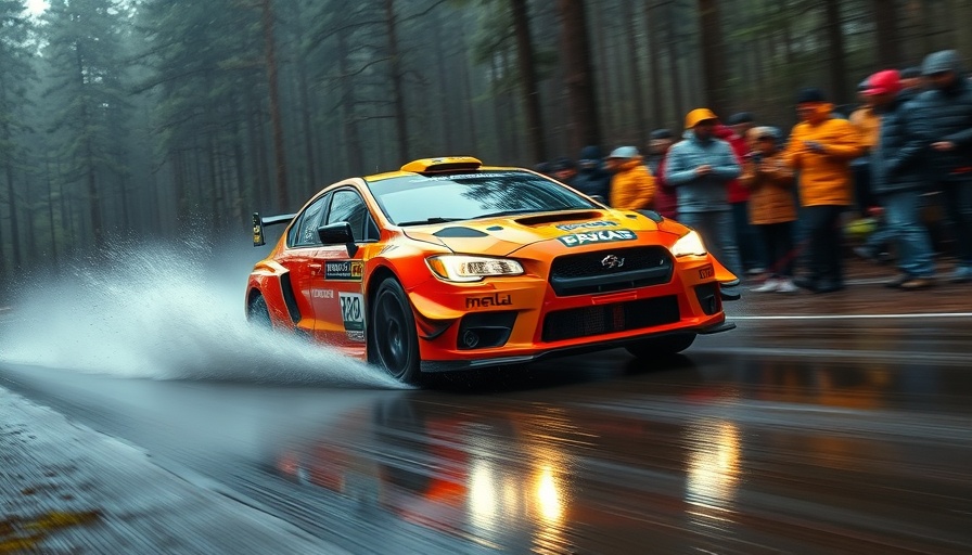 European Rally Championship car splashing through wet track.