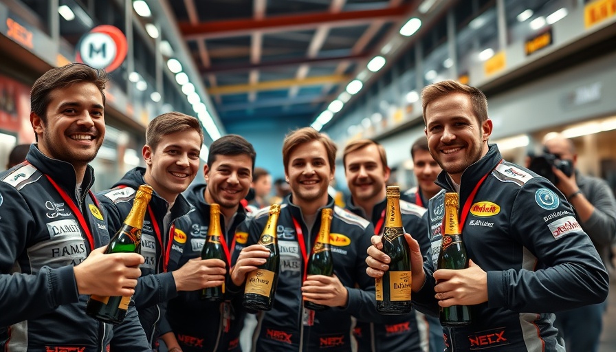 Formula 1 team members celebrating with champagne in paddock.