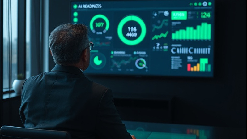 Executive reviewing AI readiness dashboard in a modern office, soft lighting.