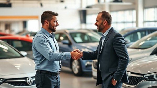 Men shaking hands in car dealership showcasing in-person automotive experiences.