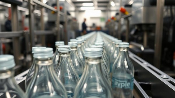 Plastic bottles on a conveyor system in a bottling plant, illustrating dry lubrication systems for conveyors.
