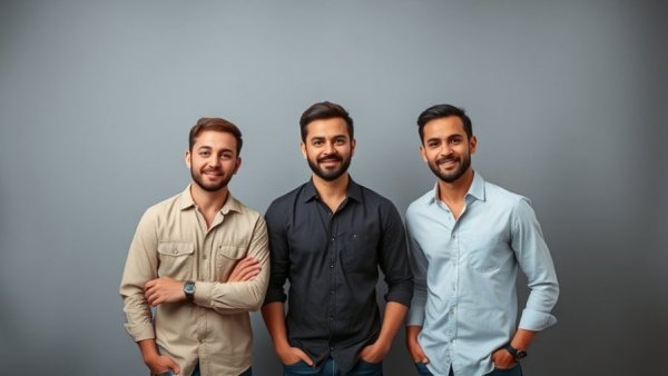 Three men in casual attire posing, studio setting, auto body repair context