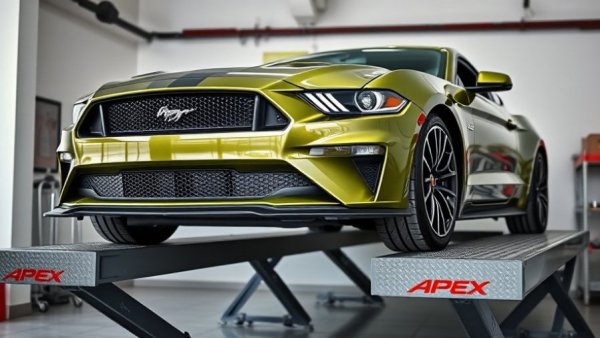 Olive green car on APEX automotive ramps in a garage setting.