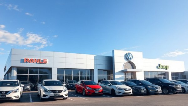 Automotive finance services at modern car dealership exterior.