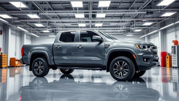 ADAS calibration tools beside a gray pickup truck in an auto shop.