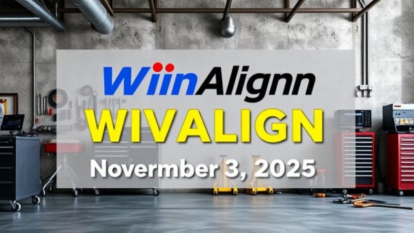 Hunter WinAlign Vehicle Database Update banner in a garage setting.