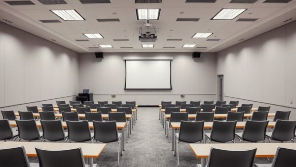 Empty conference room for training on turnover and compliance in auto dealerships.