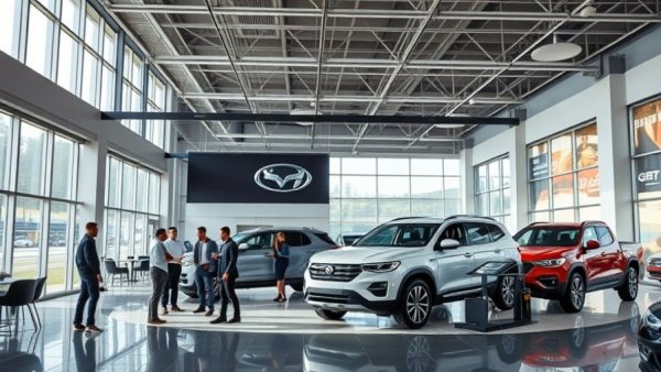 Automotive finance services discussion in modern showroom.