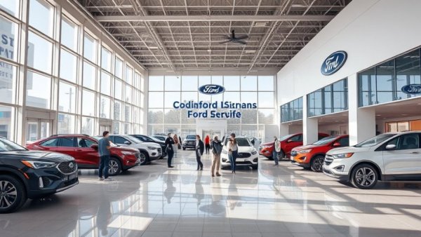 Modern Ford dealership interior showcasing customer experience with cars.