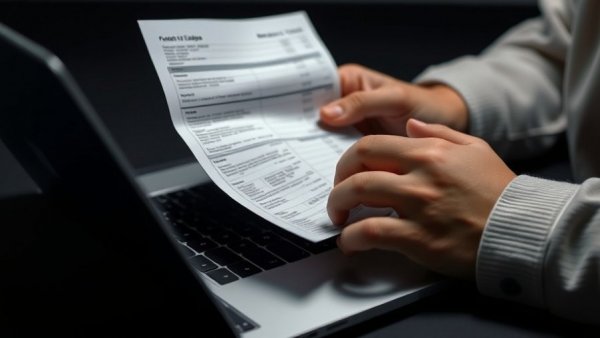 Hands holding receipts over laptop, consumer confidence index decline.