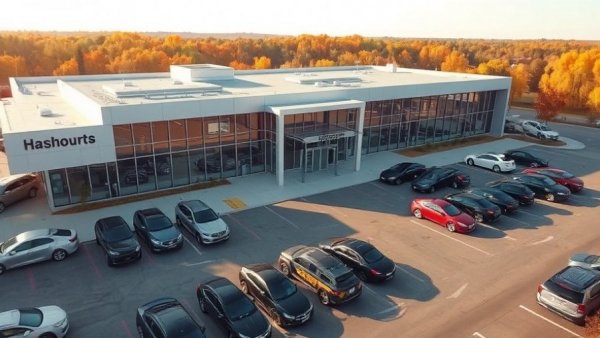 Aerial view of Clement Ford Wentzville dealership design with cars and autumn backdrop.