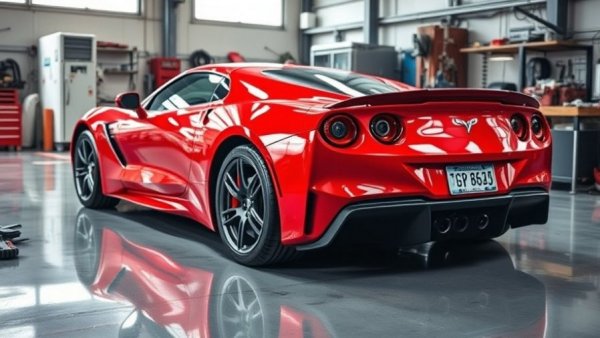 Dynamic scene of auto body repair with red sports car.