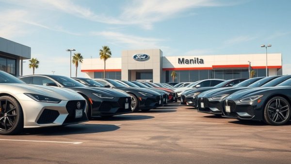 Lineup of luxury cars at franchise dealership model parking lot.