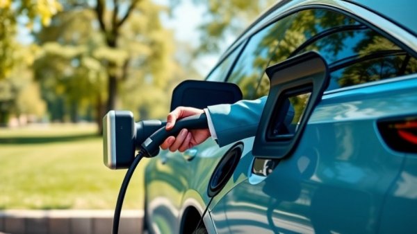 California EV charging network expansion scene, sleek car with charger.