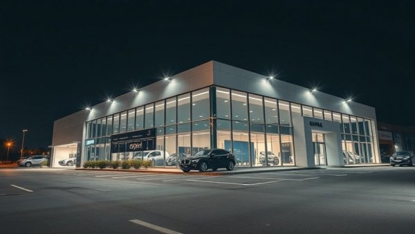 Modern car dealership illuminated at night, related to dealer sentiment index.