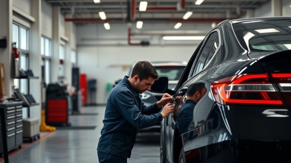 Focused worker repairing car in modern auto body shop.