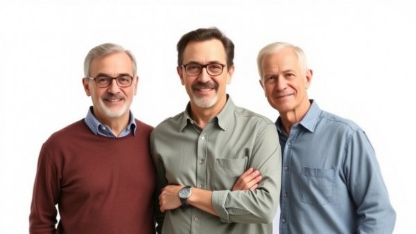Group of men posing casually in front of a plain white backdrop.