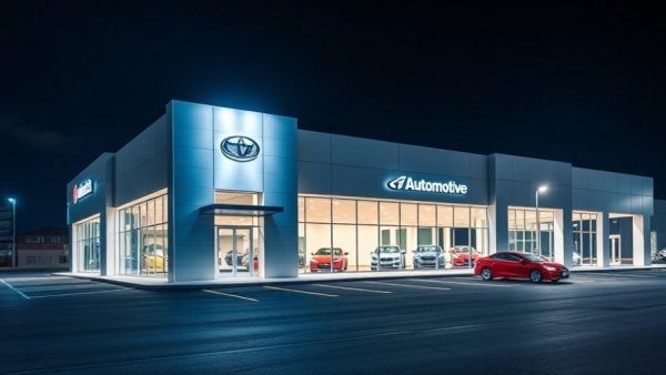Modern auto dealership at night, consumer confidence.