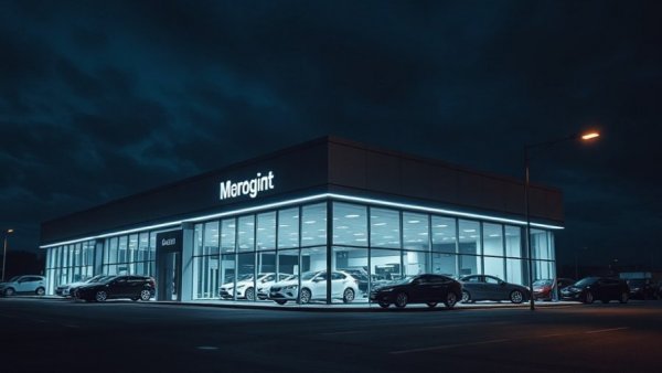 Illuminated dealership building at night, showcasing holiday sentiment.